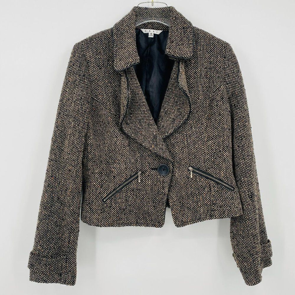 Cabi Size 8 Brown Wool Tweed Cropped One Button Moto Jacket Long Sleeve Lined